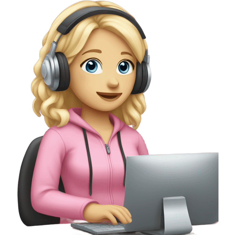 blonde hair blue eyed girl pink headphones and computer emoji