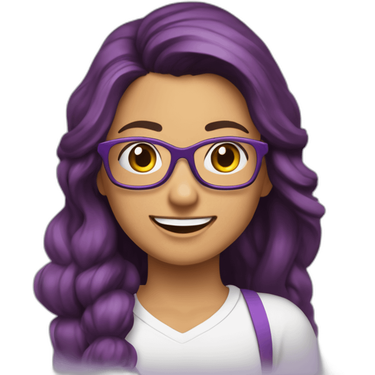 mujer-piel muy blanca-con gafas-sonriendo-camisa color morado-pelo corto hasta el hombro-pelo color marrón,con un computador,muy detallada emoji