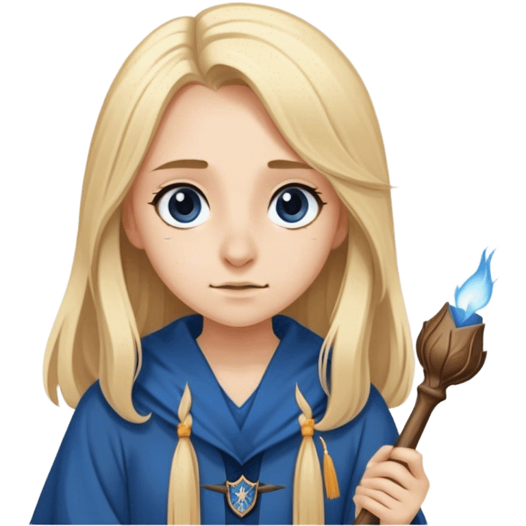 Girl with Long straight light blond hair hawky nose with a ravenclaw Robe and a wooden small wand emoji