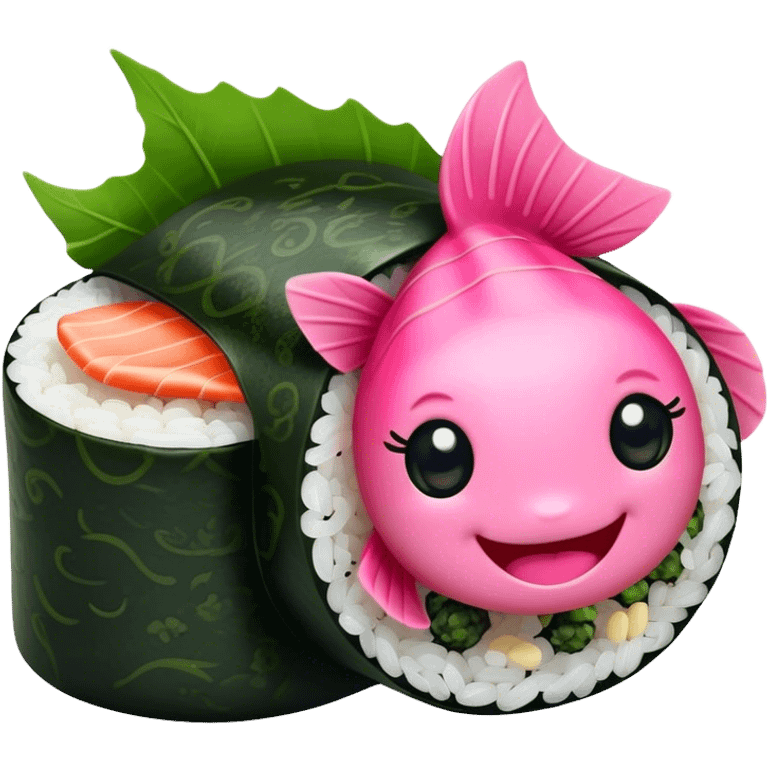 Cute Kawaii Maki Sushi Roll, small and round, wrapped in soft dark green seaweed, tiny grains of rice peeking out, a bright pink fish filling, a cheerful smiling face! emoji