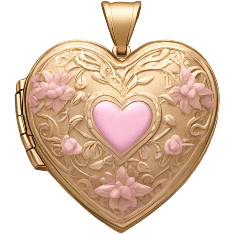 An ornate gold-framed heart locket with a soft pink satin ribbon tied into a bow. emoji