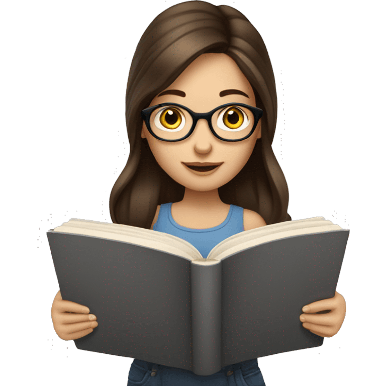 Medium length brunette haired girl with blue eyes reading a book and wearing glasses  emoji