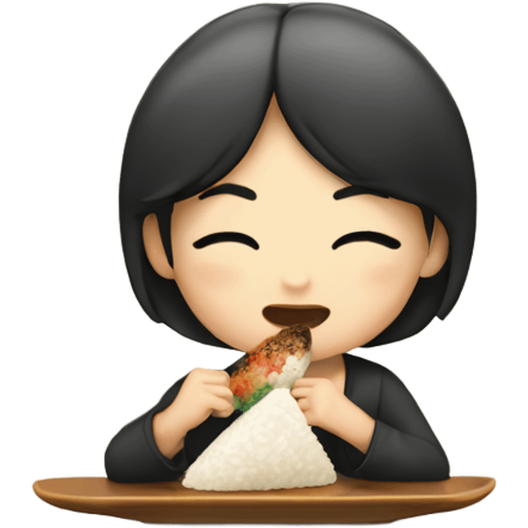 Asian girl eating onigiri emoji