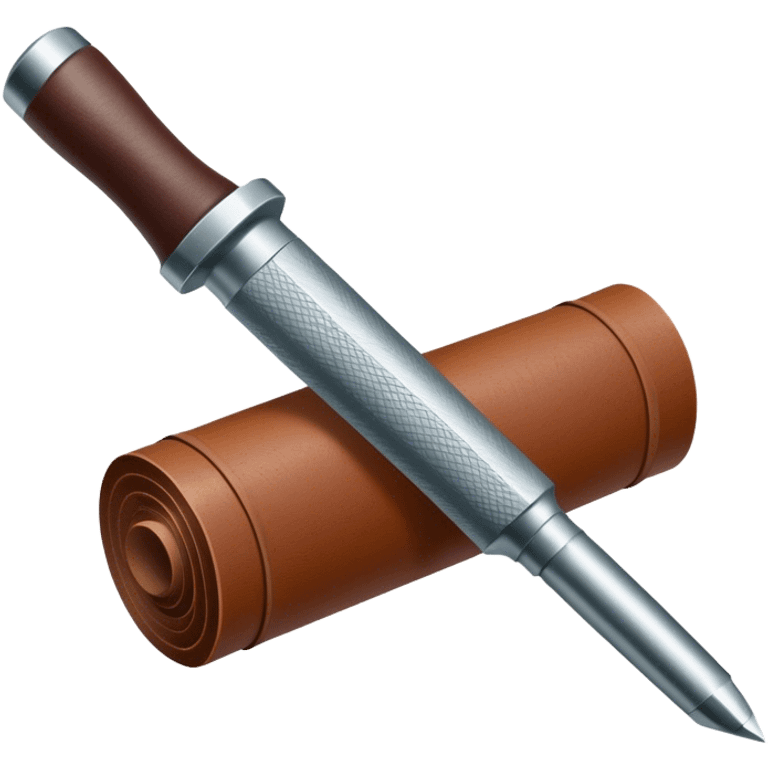 Leatherworking icon, partially unrolled raw leather roll, carving tools like engraver needle or chisel, stamp or press, textured surface, minimalistic style, clean lines, transparent background. emoji