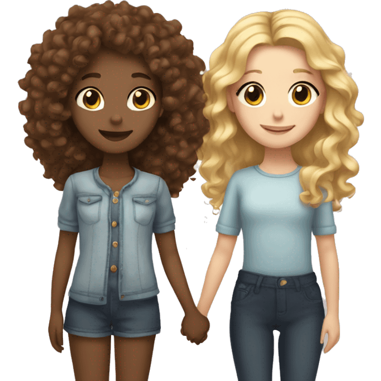 Girl with curly brown hair and lashes and a blonde girl with long hair holding hands  emoji