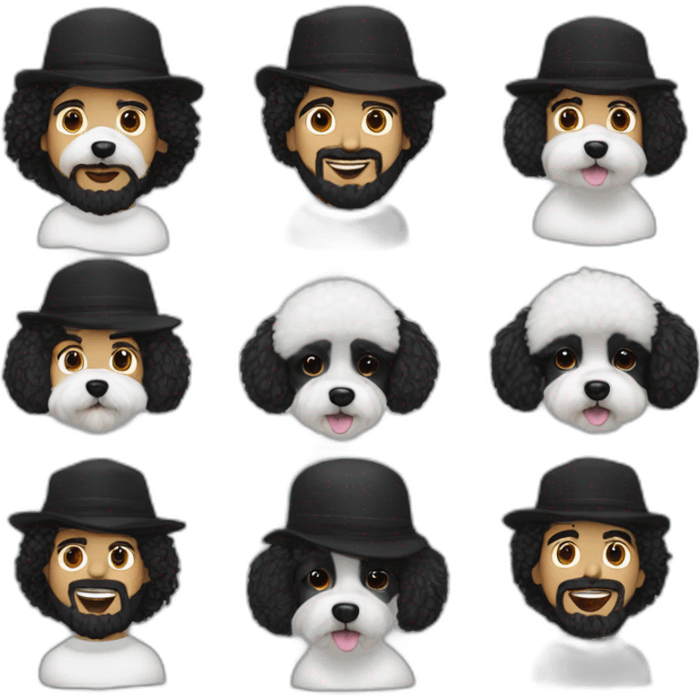 young-with earring-white skin-black hair-beard-with hat-rap-bichon dog-white-smile emoji