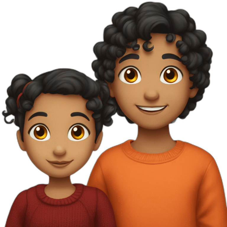 smiling 3 years old indian girl with black curly hair in pigtails wearing a orange dress and smiling 3 years old indian boy with black hair wearing a dark red sweater emoji