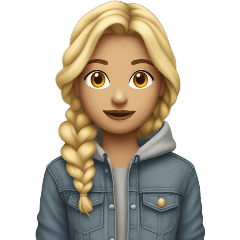 Blonde girl, hair braided, grey pullover hoodie, bootcut jeans, and cowboy boots emoji