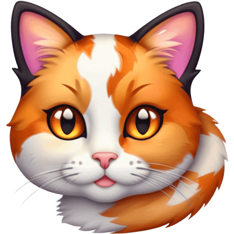 Cinematic Cute Calico Cat Portrait Emoji, Head tilted playfully with sparkling, inquisitive eyes and a charming patchwork fur of orange, black, and white, simplified yet irresistibly adorable, highly detailed, glowing with a warm, inviting glow, high shine, bubbly and affectionate, styled with a touch of whimsical feline charm, soft glowing outline, capturing the essence of a delightfully cute calico cat that looks as if it could prance off the screen into your heart! emoji