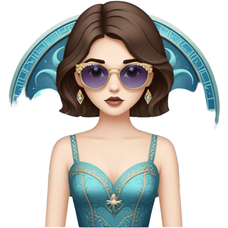 Create the zodiac sign leo as a pale brunette girl with elaborate makeup and dress that matches the zodiac sign, wearing sunglasses, confident emoji