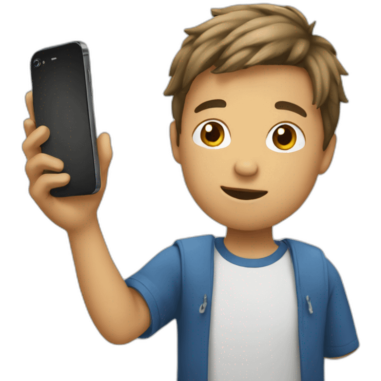 An boy holding an iPhone an chatting with it emoji