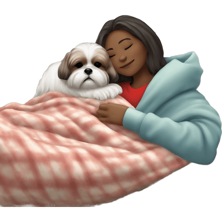 Shih tzu dog and human woman sleeping on couch with fluffy blanket Christmas emoji