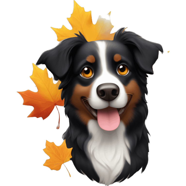 Small black australian shepherd dog wearing autumn leaves emoji