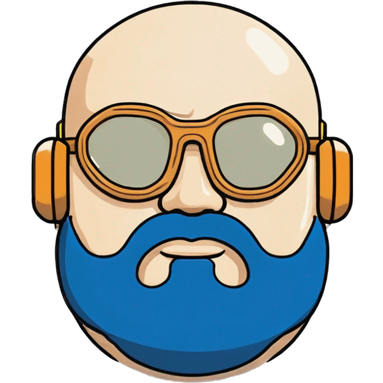 Bearded Fat bald cyborg head with tan skin, blue goggles and circuits emoji