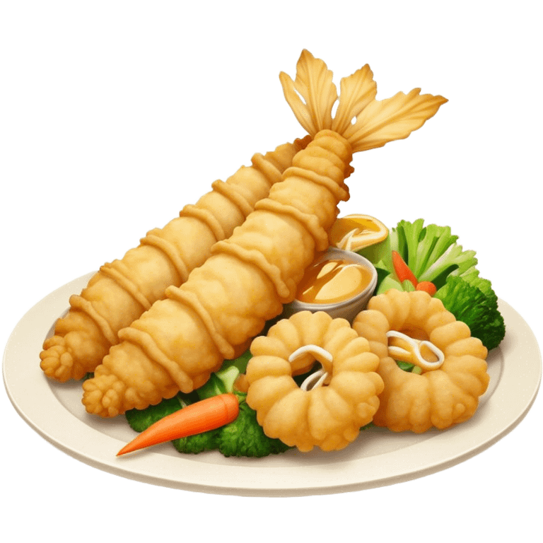 Cinematic Realistic Tempura Dish Emoji, depicted as lightly battered and fried seafood and vegetables rendered with delicate textures and crisp, inviting lighting. emoji