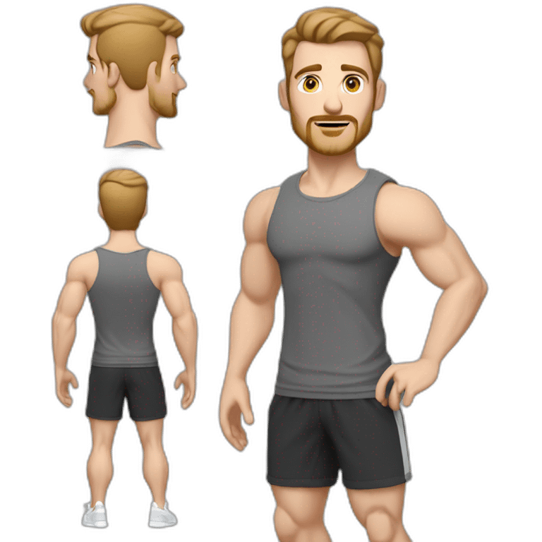 Full height Pale skinned muscular man With Realistic eyes and mouth, light brown hair and stubble In dark gray sleeveless mike, black oversize sports shorts, watch and white sneakers. emoji