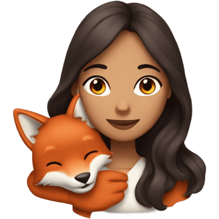 a woman with long wavy dark brown hair hugging a fox emoji