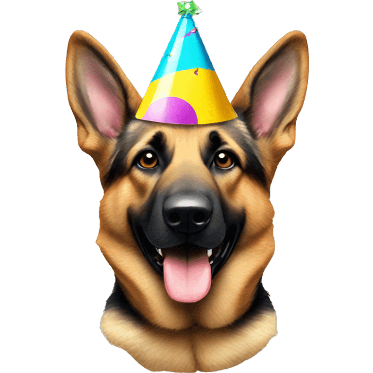 German shepherd wearing a party hat emoji