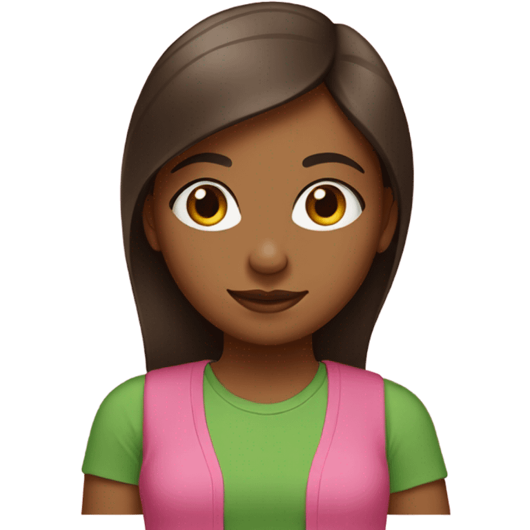 brown girl with straight hair wearing pink and green t-shirt that says “AKA” emoji