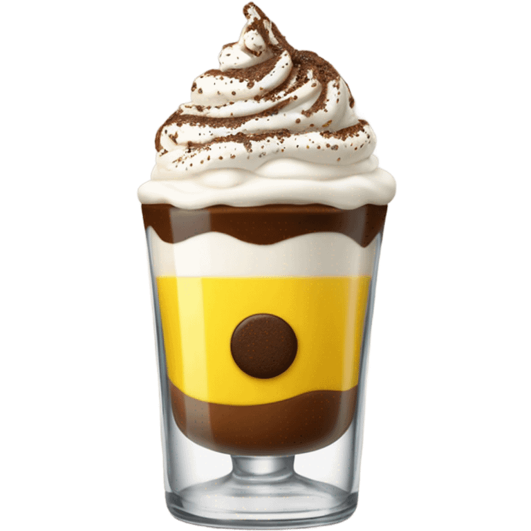 Shot glass, liquid inside is divide in two, yellow at the bottom an coffee on top covered whit a nice spry cream an chocolate powder emoji