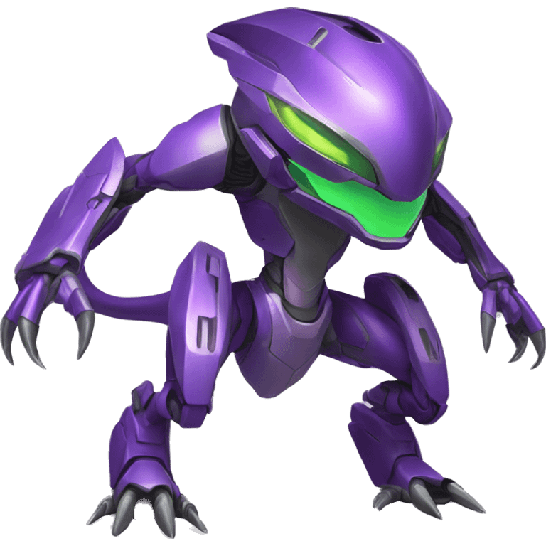 a purple-green Genesect-Raptor-Fakémon—hybrid with a futuristic visor-helmet full body emoji