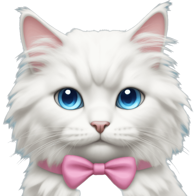 white fluffy cat with blue eyes wearing a pink bow  emoji