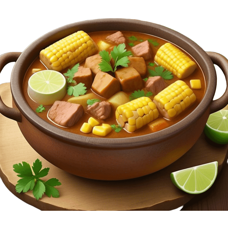 Cinematic Realistic Sancocho Antioqueño Emoji, depicting a hearty Colombian stew brimming with tender cuts of meat, yuca, plantains, corn on the cob, and potatoes in a rich, flavorful broth. Served in a rustic clay bowl with fresh cilantro and lime on the side, rendered with warm, inviting textures and homely, comforting lighting. emoji