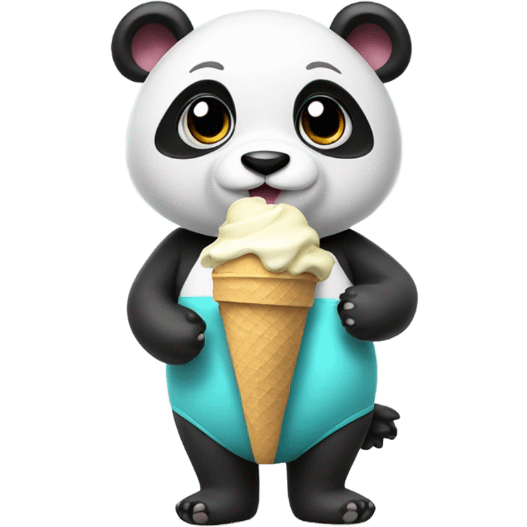 Panda eating ice cream. She is wearing a swimsuit and shoes emoji