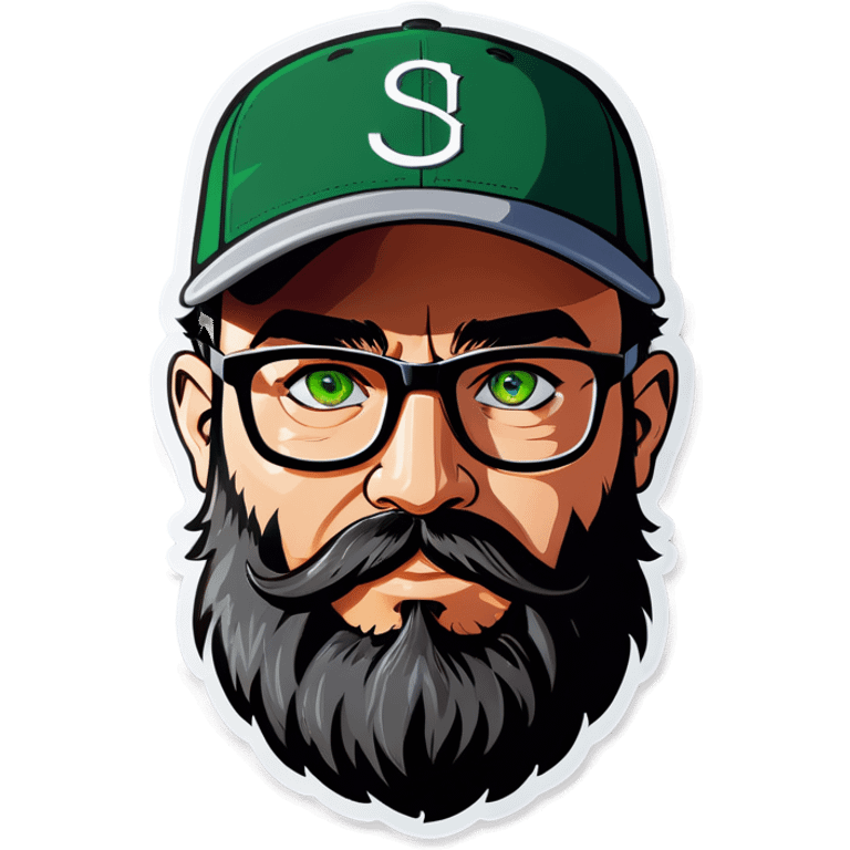 A bold man with a grey baseball cap, green eyes, big beard and glasses emoji