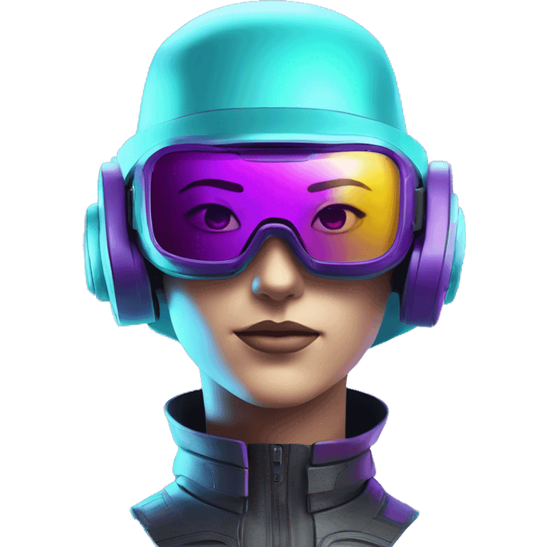 Secret humanoid agent in a futuristic hat with in Apple VR goggles headset code display on the goggles , cyberpunk, cyan and purple colors, only upper body portrait, front facing the camera  emoji