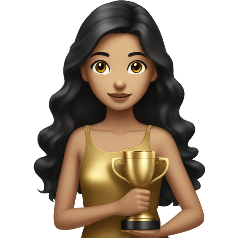 realistic portrait of girl with brown eyes and long lashes and long black hair wearing a gold dress holding trophies emoji