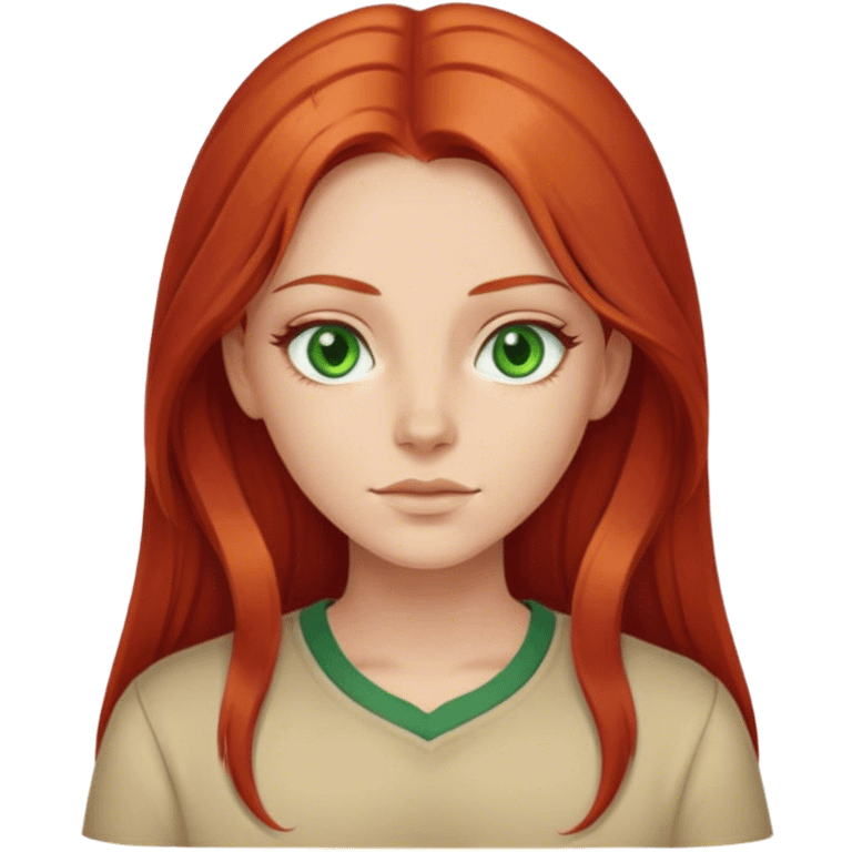 Girl with middle part long red hair and green eyes beige shirt emoji