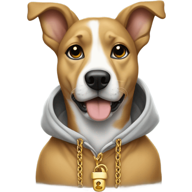 dog wearing a hoodie and gold chain with a paw pendel emoji