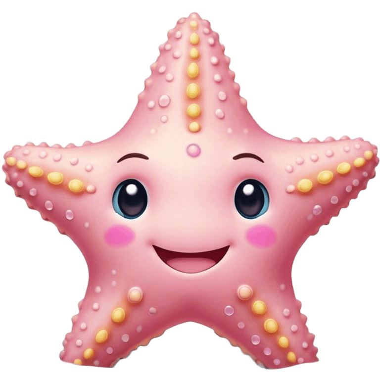 Cinematic cute round starfish, pastel pink, soft bumpy texture, tiny happy face, slightly tilted, glowing warmly, sparkling with gentle ocean magic. emoji