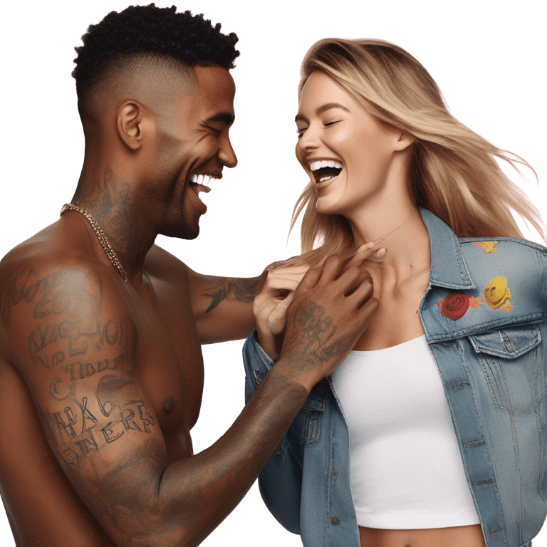 Photo of Victoria secret model laughing with a tattooed male model  emoji