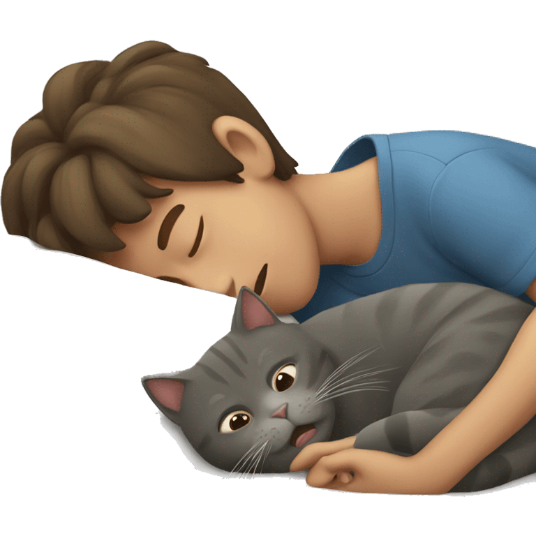 Grey cat taking a nap with a boy who has brown hair emoji