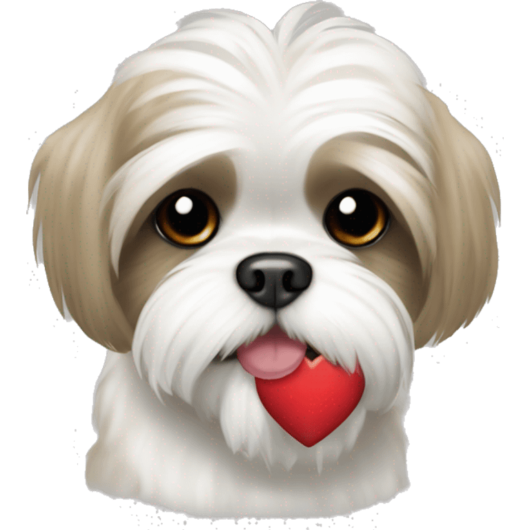 White shih tzu with tan spots holding a heart in their mouth emoji