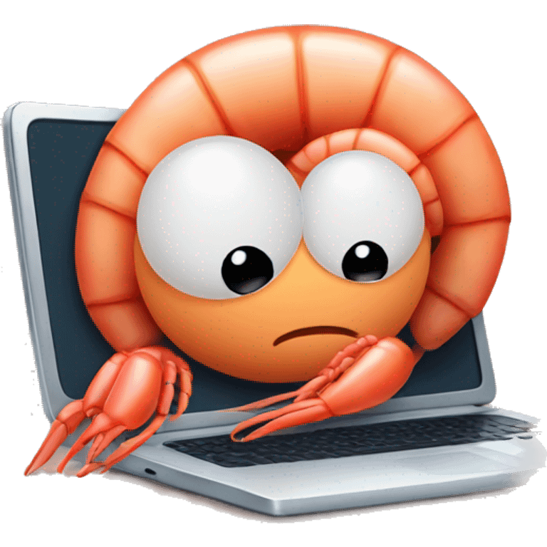 cartoon cute shrimp is tired sitting at the computer emoji