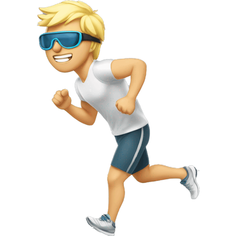 blonde guy wearing silver sports goggles running on a treadmill, athletic build emoji