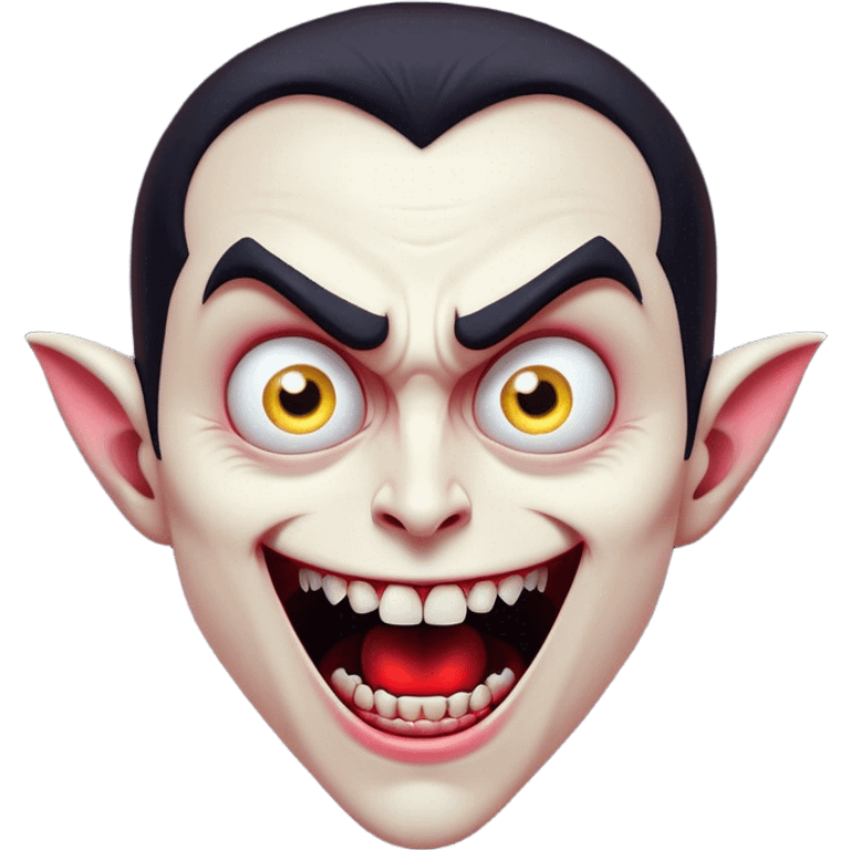 Cinematic Comical Vampire Portrait Emoji, with a sharply stylized, slightly caricatured pale face accented with exaggerated fangs and overly dramatic wide eyes filled with comic shock, head tilted in a hilariously startled pose, simplified yet amusingly detailed, glowing with a soft mysterious glow and a playful outline capturing the quirky humor of a vampire in disbelief! emoji