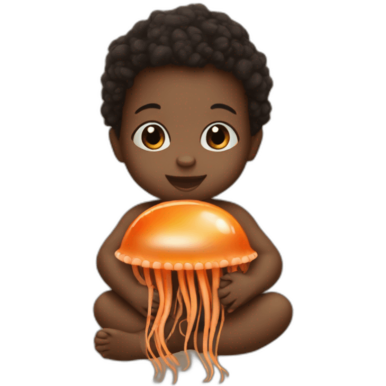 Cute black baby holding a baby brown jellyfish emoji