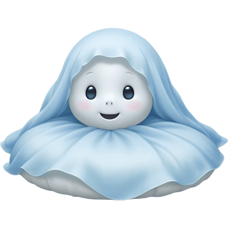 An adorable, peacefully floating sheet-like ghost in gentle pastel whites and blues, its soft, rounded form loosely draped, head resting with closed, serene sparkling eyes and a tiny, contented smile, simplified yet irresistibly charming, highly detailed, with a soft glowing outline that captures the essence of a sleepy, endearing spirit wrapped in cozy slumber! emoji