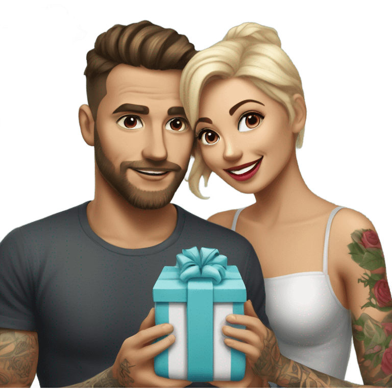 Hyper Realistic beautiful woman receiving a gift and a bouquet of roses from a handsome tattooed man  emoji