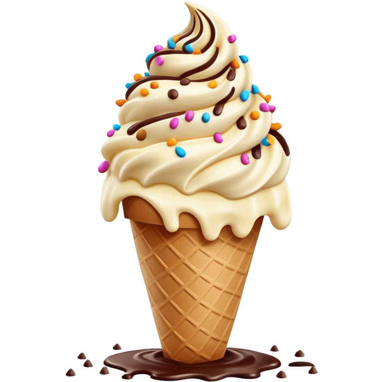 Cinematic scoop of rich, creamy ice cream, slightly melting, smooth swirls of chocolate and vanilla, colorful sprinkles on top, warm glowing background, playful and inviting. emoji