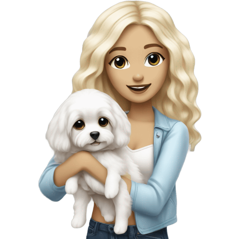 White Cute straight long-haired Blonde and blue-eyed girl fashion nightclub outfit and holding happy white cavachon dog emoji