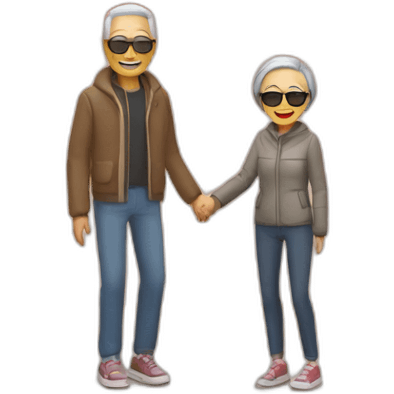 Happy skinny retired Chinese parents with sunglasses. Standing in a park in front of an red autumn tree emoji