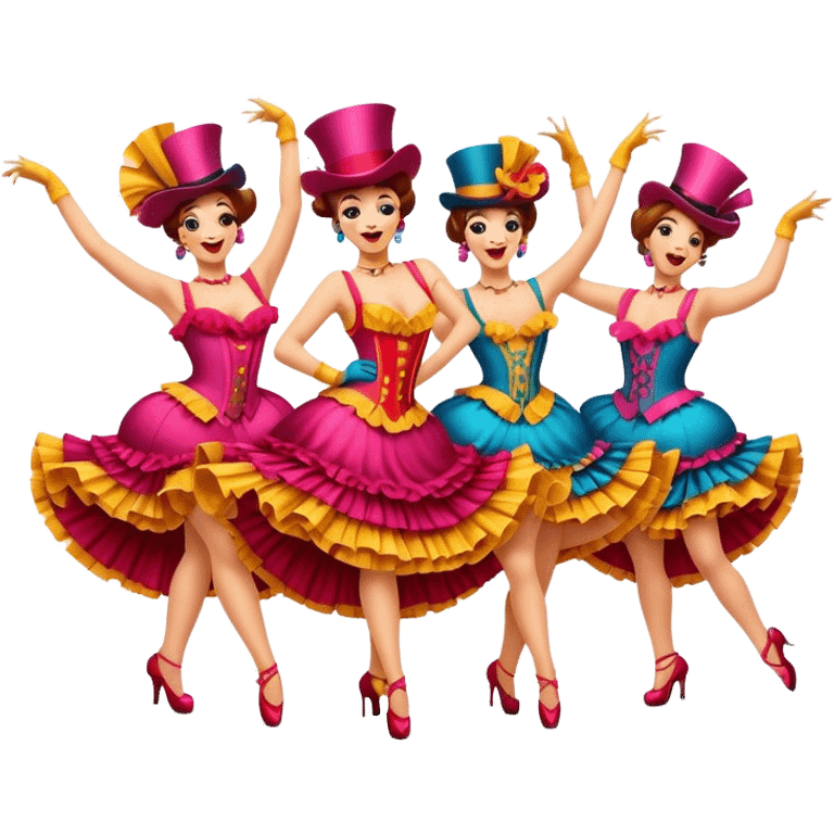 Cinematic Realistic Can-can Dance Emoji, depicted as a lively cabaret dance scene with flouncy costumes and dynamic energetic movement, rendered with vibrant textures and playful theatrical lighting that captures the spirit of French cabaret. emoji