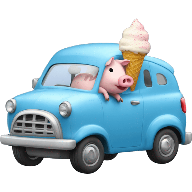 pig in blue car with ice cream emoji