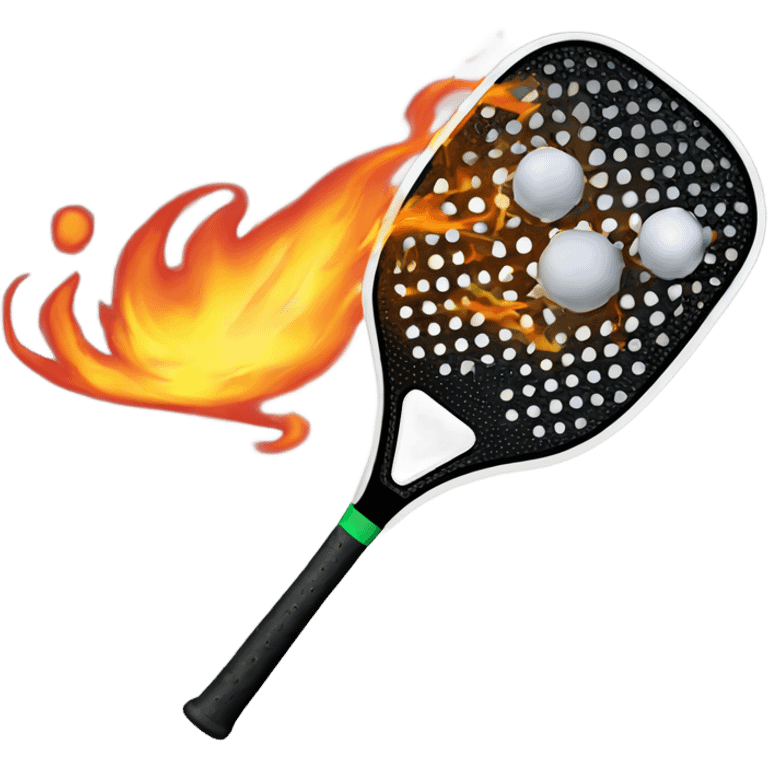 A carbon Pickleball paddle with no holes hitting a Pickleball that has flames on it emoji