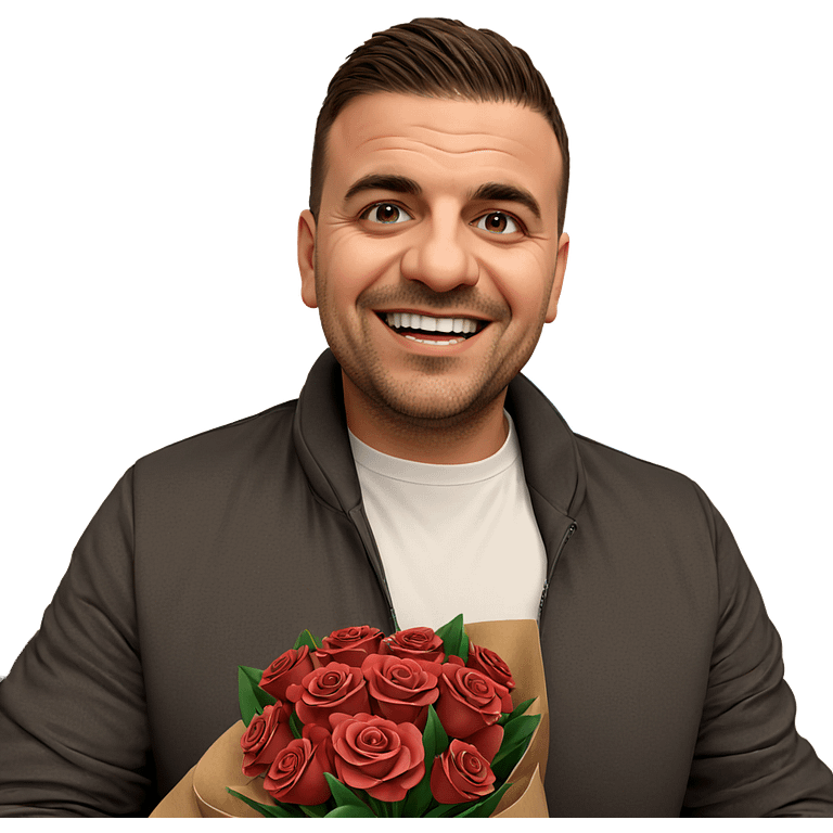 smiling boy with bouquet indoors emoji